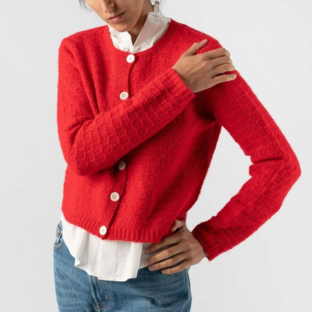 Alex Mill Ruby Honeycomb Cherry Red Cardigan Sweater Wool Alpaca Hemp Blend S